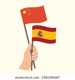 Flags of China and Spain, Hand Holding flags