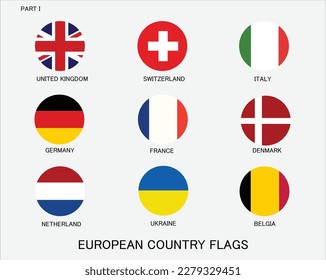 Flaggen Kreis der Länder, Europa, Vereinigtes Königreich, Schweiz, Italien, Deutschland, Frankreich, Dänemark, Niederlande, Ukraine, Belgien. Flaches Design, Vektorgrafik, Vektorgrafik.