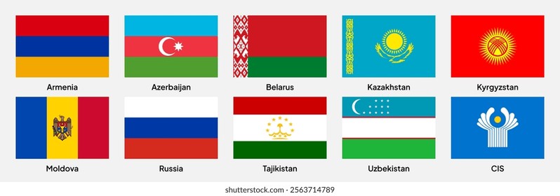 
Flags of CIS (Commonwealth of Independent States) member countries in rectangular shapes (with a 3:2 ratio). Vector illustration.