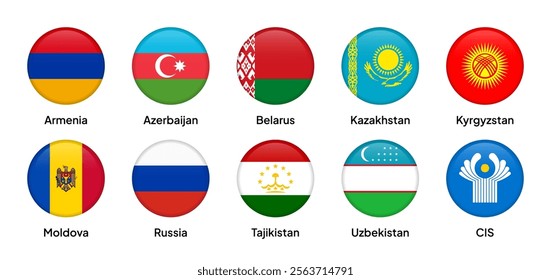 Flags of CIS (Commonwealth of Independent States) member countries in round shapes, including Russia, Belarus, Armenia, Azerbaijan, Kazakhstan, Uzbekistan, and others. Vector illustration.