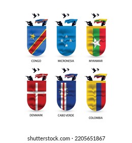 Flags collection of Congo, Micronesia, Myanmar, Denmark, Cabo Verde, Colombia