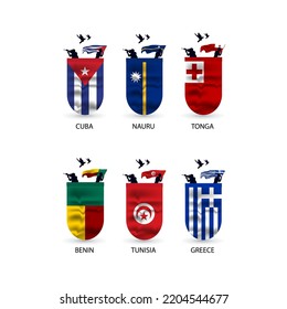 Flags collection of Cuba, Nauru, Tonga, Benin, Tunisia, Greece