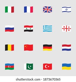 Colección de banderas, conjunto de iconos planos, paquete de símbolos coloridos contiene - israel, grecia, turquía rusia, china, azerbaiyán, ucrania, pakistán, italia, francia. Ilustración vectorial. Diseño de estilo plano