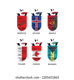 Flags collection of Morocco, Iceland, Angola, Poland, Canada, Bahamas