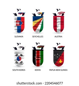 Flags collection of Slovakia, Austria, Kenya, South Korea, Seychelles, Papua New Guinea
