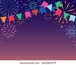 Flags of colorful firework frame design. Colorful of fireworks. Festival of celebration party.