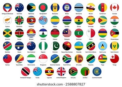 Flags of the Commonwealth of Nations member states in round shapes, including the UK, Canada, Australia, India, South Africa, New Zealand, Malaysia, Singapore, Nigeria, and others. Vector illustration