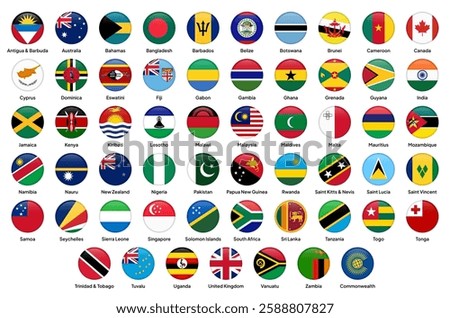 Flags of the Commonwealth of Nations member states in round shapes, including the UK, Canada, Australia, India, South Africa, New Zealand, Malaysia, Singapore, Nigeria, and others. Vector illustration