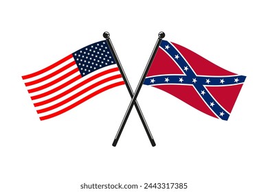 Flags of the Confederate States of America and Usa crossed on the sticks in the original colours