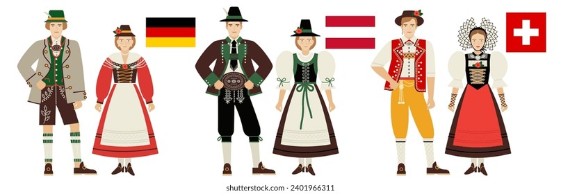 flags and costumes of German-speaking countries of Western Europe