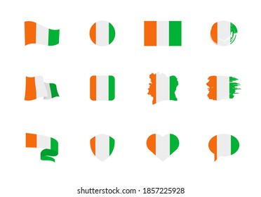 Flags of Cote d'Ivoire - flat collection. Flags of different shaped twelve flat icons. Vector illustration set