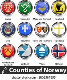 Flags of counties of Norway in glossy badges. Vector image