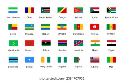 Flags of the countries of the Africa continent. Isolated flags of Africa continent. Color flags of countries. Vector icons