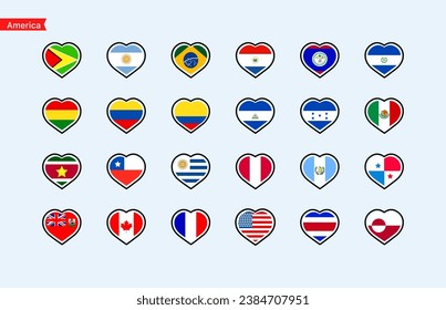 Flags of the countries of the America continent. Color flags of countries. Isolated hearts flags of America countries. Vector icons