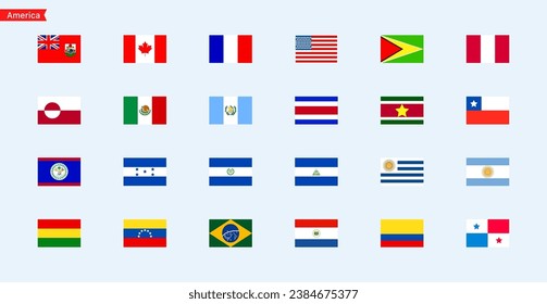 Flags of the countries America continent. Isolated flags of America continent. Color flags of America countries. Vector icons