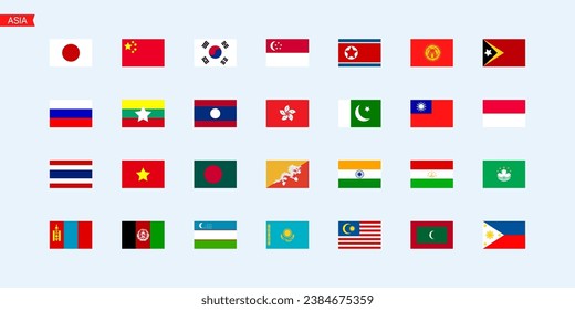 Flags of the countries Asia continent. Isolated flags of Asia continent. Color flags of countries. Vector icons