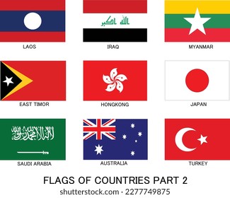 Flags of countries, asian, Laos, Iraq, Myanmar, East Timor, Hongkong, Japan, Saudi Arabia, Australia, Turkey. Flat design, vector ilustration, vector.