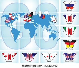 The flags of the countries of the Big Eight in the form of butterflies on the world map