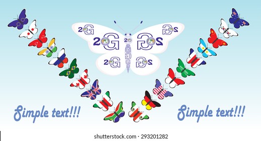 The flags of the countries of the Big twenty in the form of butterflies