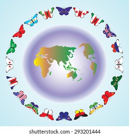 The flags of the countries of the Big twenty in the form of butterflies flying around planet Earth