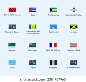 Flags of the countries Caribbean continent. Isolated flags of Caribbean continent. Color flags Caribbean countries. Vector icons