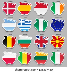 Flags of countries Denmark, Spain, Monaco, Ireland, Greece, European union, Argentina, Nigeria, England, Italy, Belgium, Lithuania, Macedonia, Bulgaria, Mali, Poland. Vector  10eps, second set