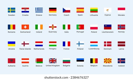 Flags of the countries Europe continent. Isolated flags of Europe continent. Color square flags of Europe countries. Vector icons