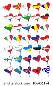flags of the countries of Europe in the form of hearts