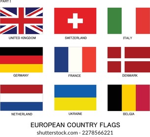 Flags of countries, Europe, United Kingdom, Switzerland, Italy, Germany, France, Denmark, Netherland, Ukraine, Belgia. Flat design, vector ilustration, vector.