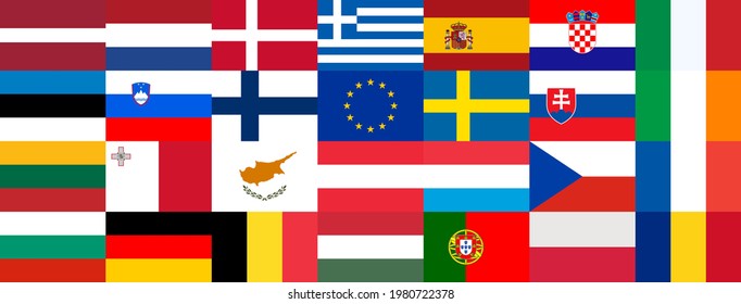 Die Flaggen der Länder der Europäischen Union und die EU-Flagge werden zusammengeführt. Grosses, farbenfrohes Design. Vektorgrafik