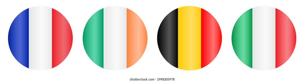 Flags of countries. France, Ireland, Belgium, Italy. Vertical lines. Set of colored vector icons. Isolated white background. National symbol of the state. Political topics. Flat style. 
