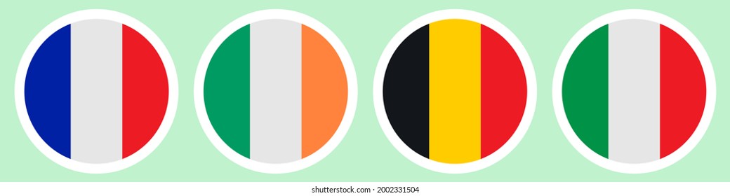 Flags of countries. France, Ireland, Belgium, Italy. Collection of stickers on a white backing. Vertical lines. Set of colored vector icons. Isolated background. National symbol of the state. 