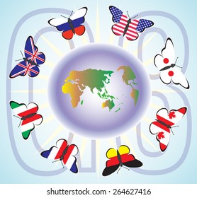 The flags of the countries of the G in the form of butterflies flying around planet Earth