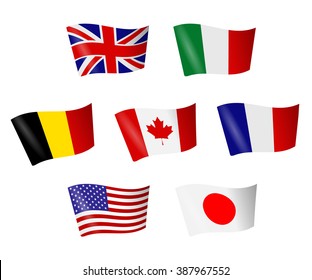 Flags of countries of the Group of seven.  flag icons. Seven flag vector. flag pole. 