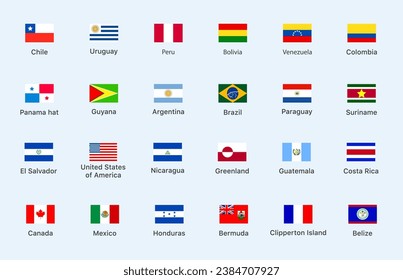 Flags of the countries of the Latin America continent. Color flags of countries. Isolated quad flags of Latin America countries. Vector icons