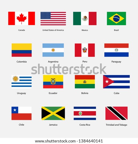 Flags countries of North and South Americas.  Sixteen Flags of American countries with inscriptions and original proportions on transparent background. Flags for your web site design, logo, app, UI. 