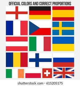 Flags of countries with official colors and correct proportions: Spain, France, Germany, Sweden, Italy, Finland, Poland, Switzerland, England, Ukraine, Austria, Czech Republic, Great Britain and other
