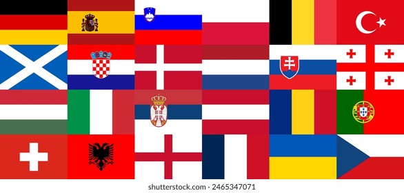 The flags of the countries participating in the 2024 football championship are sorted by group matches. Group stage final. Europe 2024.