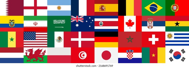 Flags of Countries Participating in the Football Championship. Football 2022. Group Stage Final. Sorted by Group Matches, Collected in One Banner. National Flags. Vector Illustration - Shutterstock ID 2168691769