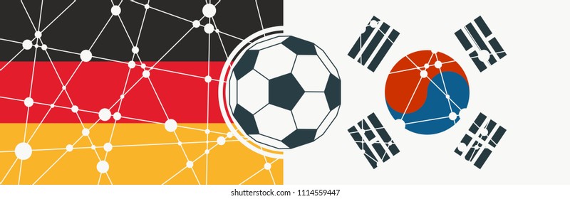 Flags of countries participating to the football tournament. Germany and South Korea national flags. Soccer ball in the center. Connected lines with dots