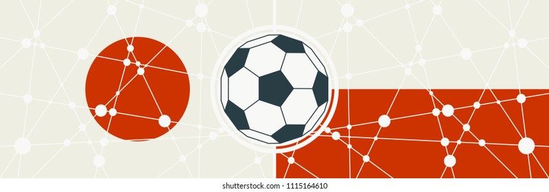 Flags of countries participating to the football tournament. Japan and Poland national flags. Soccer ball in the center. Connected lines with dots