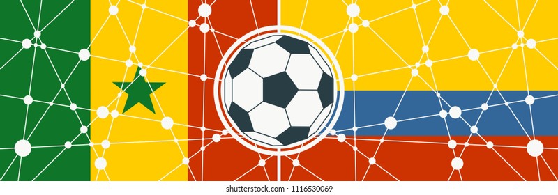 Flags of countries participating to the football tournament. Colombia and Senegal national flags. Soccer ball in the center. Connected lines with dots