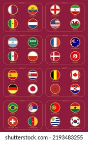 Flags of the countries participating soccer in the 2022. Drawing of countries by groups. Isolated pointers with flags countries. Vector illustration 