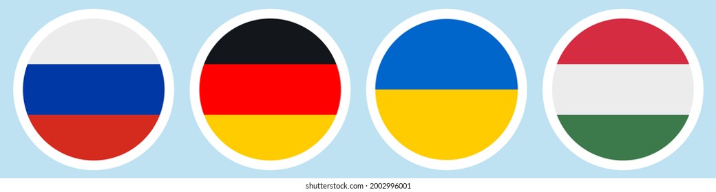 Flags of countries. Russia, Germany, Ukraine, Hungary. Collection of stickers on a white backing. Horizontal lines. Set of vector icons. Isolated background. National symbol of the state. Political.