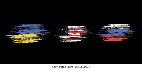 Flags of countries: Ukraine, Russia, Usa, paint water colour hand drawn stroke and texture. Grunge vector isolated on transparent background