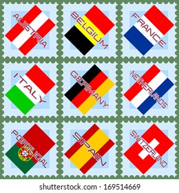 Flags of countries of Western Europe on blue stamps.