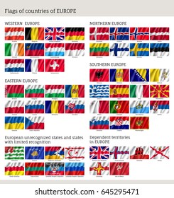 Flags of countries of Western, Northern, Easter, Southern Europe, big set, full collection wind waving fabric, chart of national emblems, symbol of freedom and national emblem, vector realistic