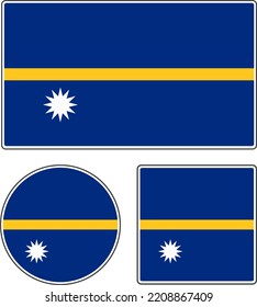 Flags of the countries of the world. National flag of Nauru. Rectangular, round and square shapes. Blue yellow white vector illustration.