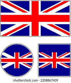 Flags of the countries of the world. The national flag of Great Britain. Rectangular, round and square shapes. Blue-red-white vector illustration.