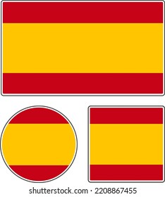 Flaggen der Länder der Welt. Nationale Flagge Spaniens. Rechteckige, runde und quadratische Formen. Gelbe rote Vektorgrafik.